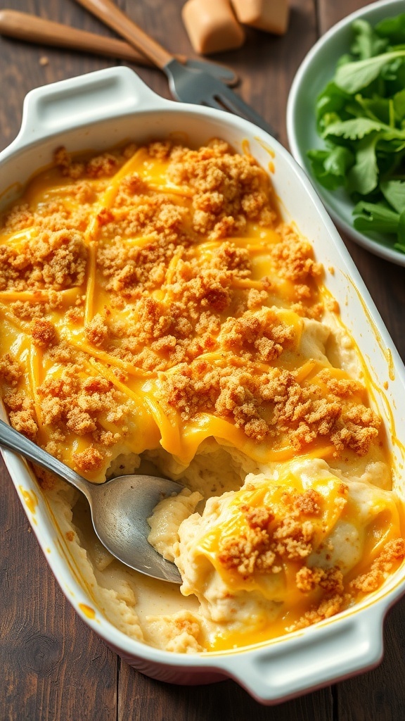 Cheesy Chicken Breast Casserole Recipe A cheesy chicken casserole in a baking dish, topped with melted cheese and breadcrumbs, served on a wooden table.